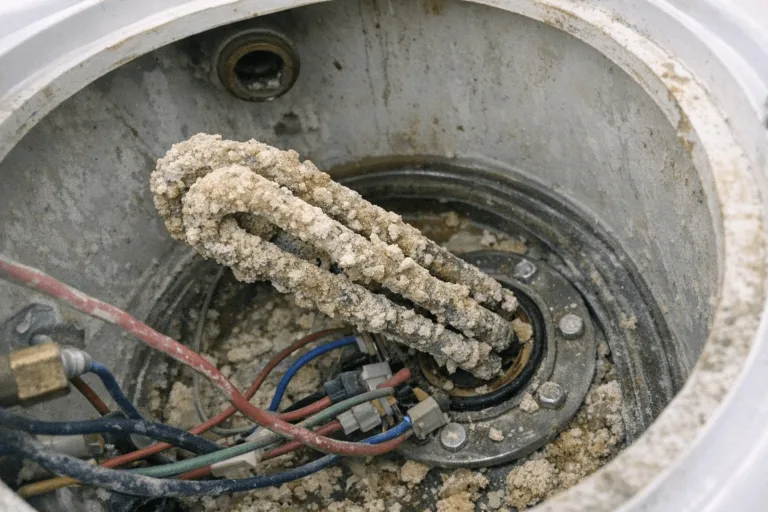 Geöffneter Heißwassertank mit verkalktem Heizstab