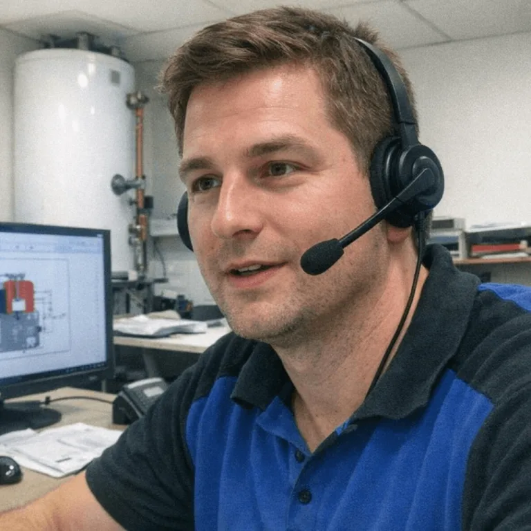 Technischer Kundendienst berät am Telefon bezüglich Warmwassertechnik