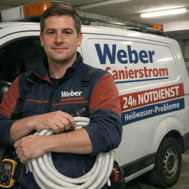 Elektroniker vor Einsatzfahrzeug für schnelle Hilfe bei Warmwasserproblemen